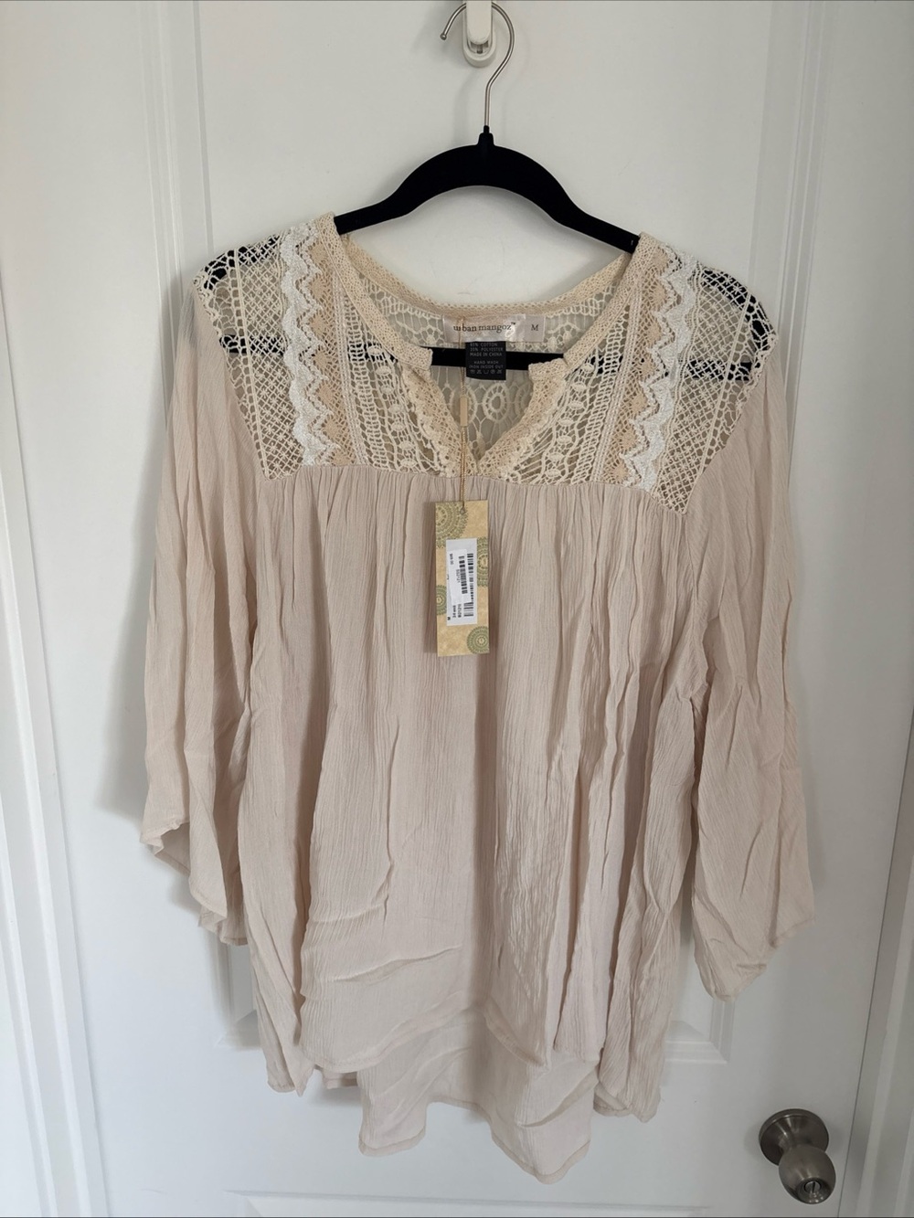 Urban Mangoz BoHo Inspired BabyDoll Tunic Lace Bodice & Back Cream Sz M